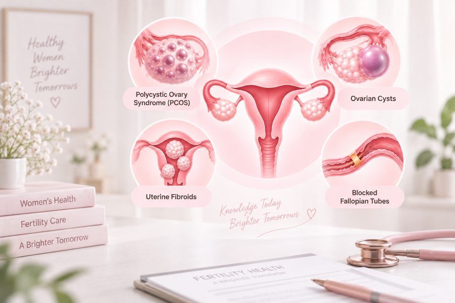PCOS, ovarian cysts, uterine fibroids, blocked fallopian tubes