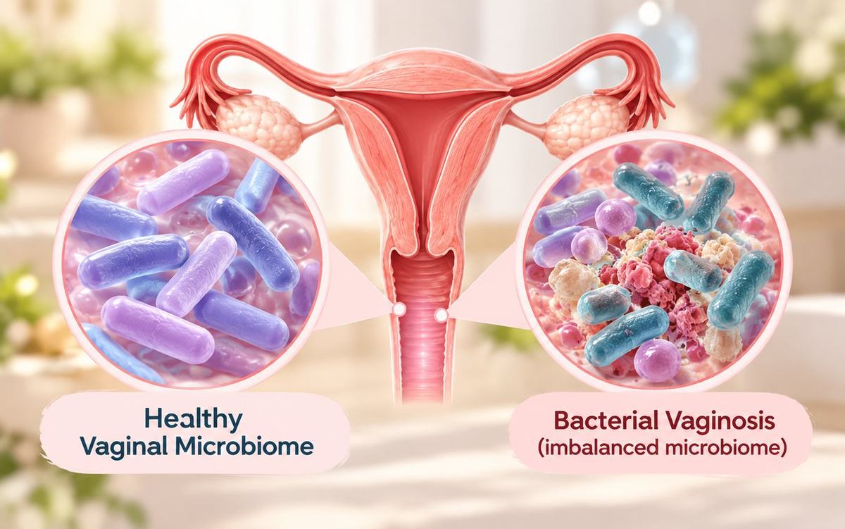 Illustration comparing a healthy vaginal microbiome with bacterial vaginosis, an imbalanced microbiome