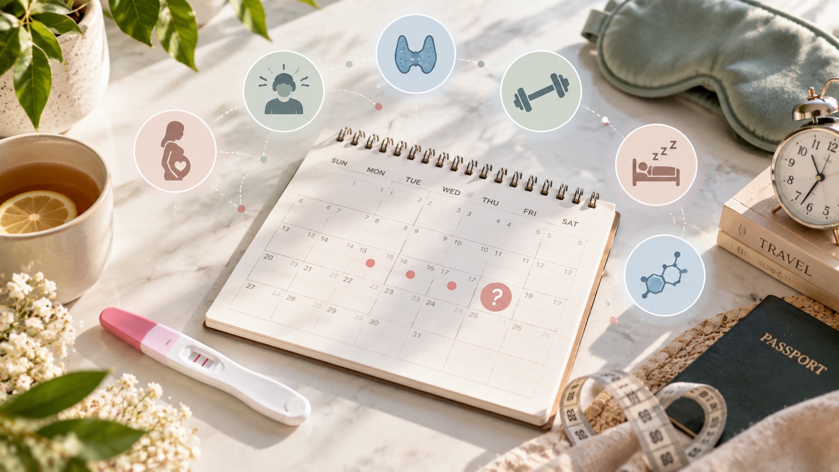 Calendar with icons for common causes of a delayed period: stress, thyroid, exercise, sleep, hormones, and pregnancy