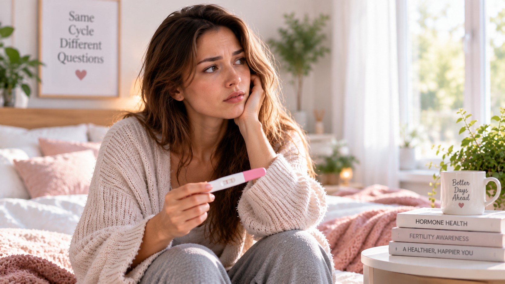 Woman holding a pregnancy test while wondering about a delayed period