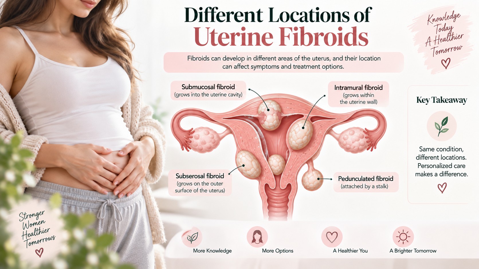 Infographic showing different locations of uterine fibroids: submucosal, intramural, subserosal, and pedunculated