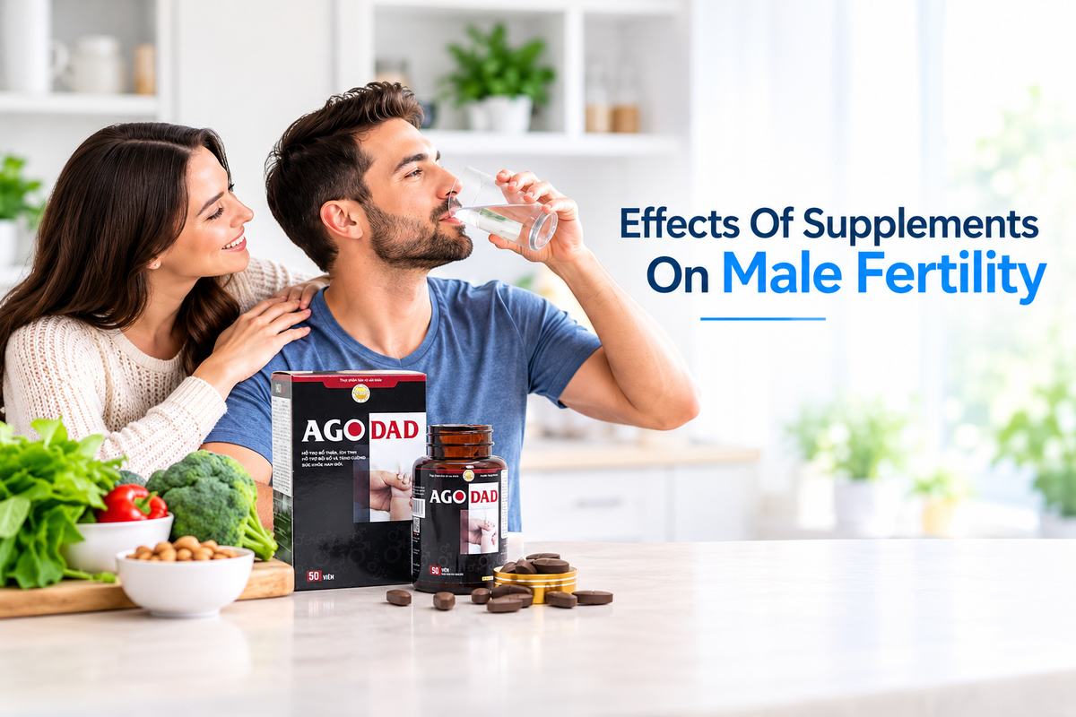 Couple in a bright kitchen with healthy foods and AGO Dad supplement for male fertility