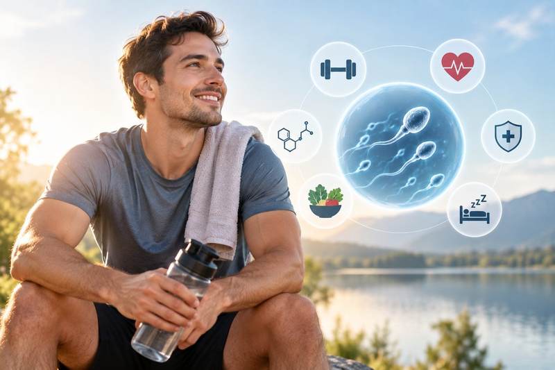 Man outdoors after exercise, icons representing sleep, nutrition, and vitality