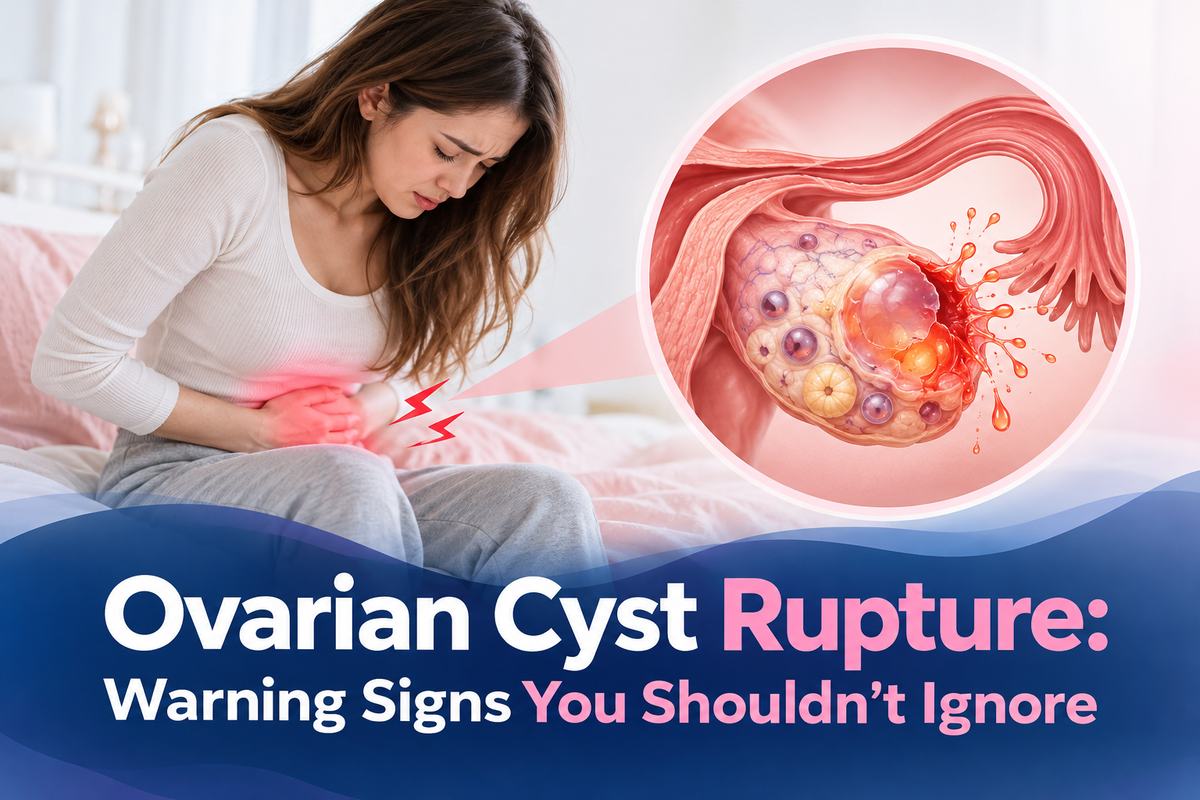 Woman holding her lower abdomen in sudden pain, with an illustration of a ruptured ovarian cyst
