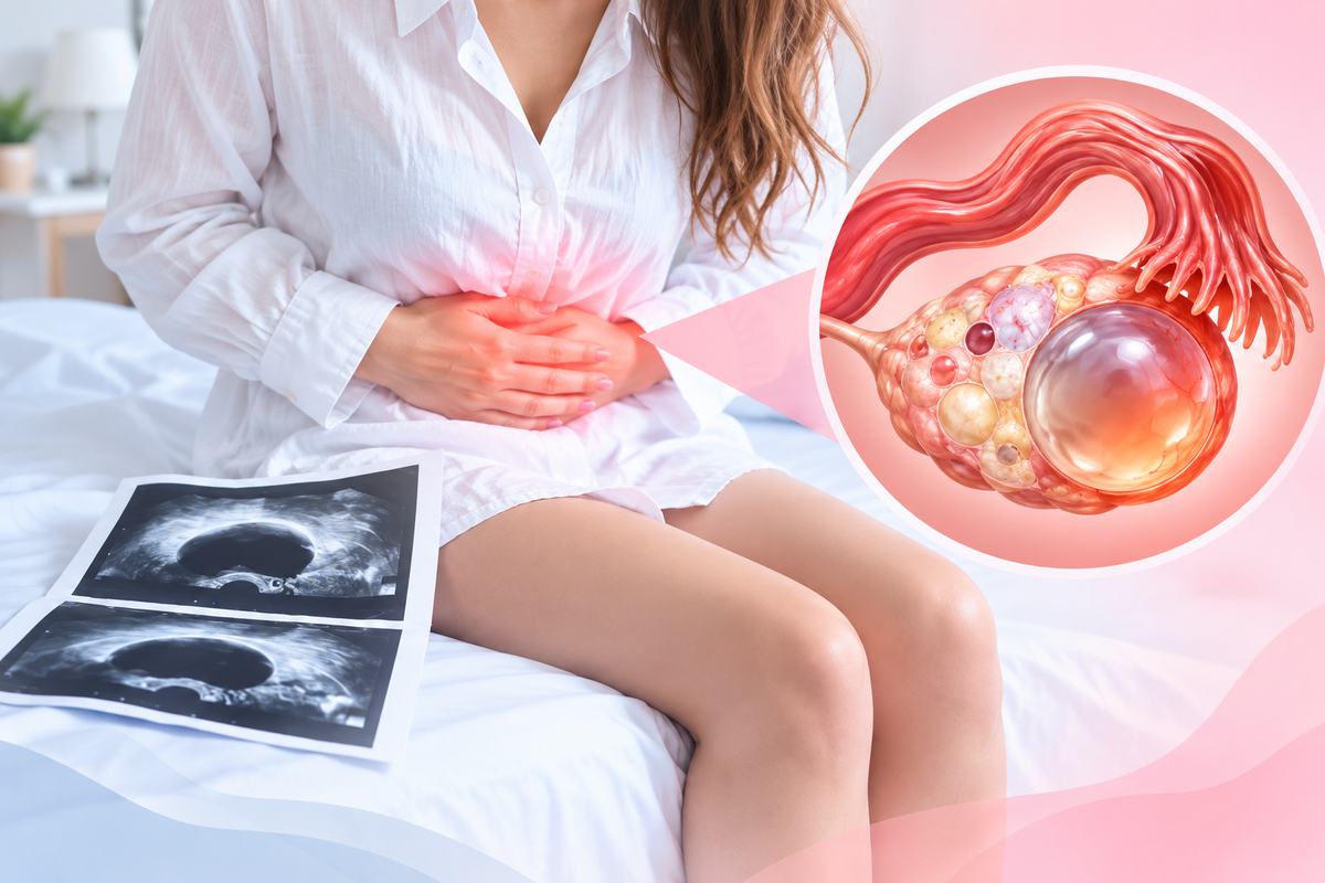 Woman with pelvic pain sitting on her bed beside ultrasound images, with an illustration of an ovarian cyst
