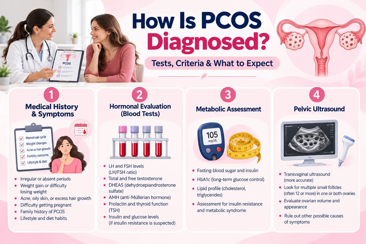 How PCOS is diagnosed: medical history and symptoms, hormone blood tests, metabolic assessment and pelvic ultrasound
