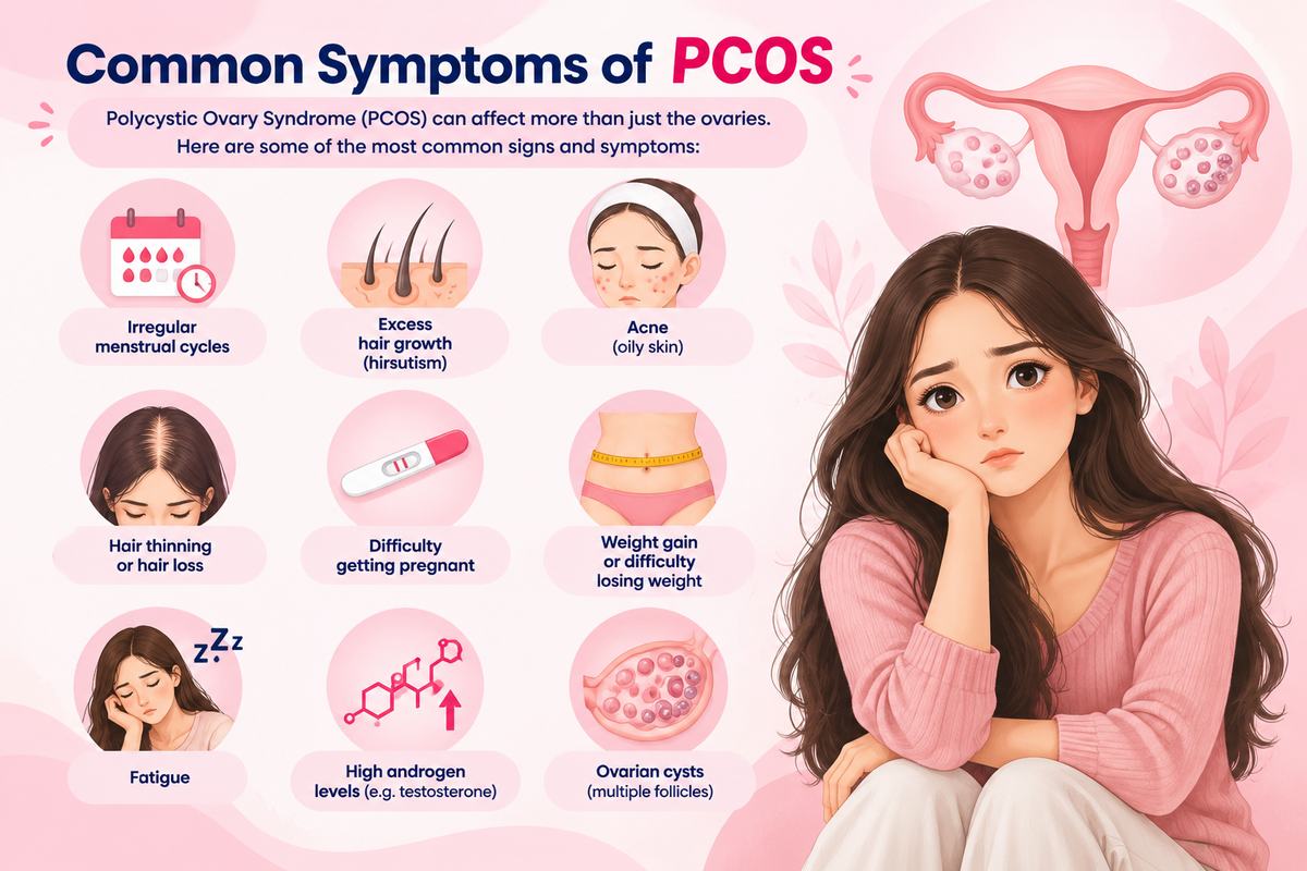 Common symptoms of PCOS, including irregular periods, excess hair growth, acne, hair thinning, weight gain, fatigue and difficulty getting pregnant