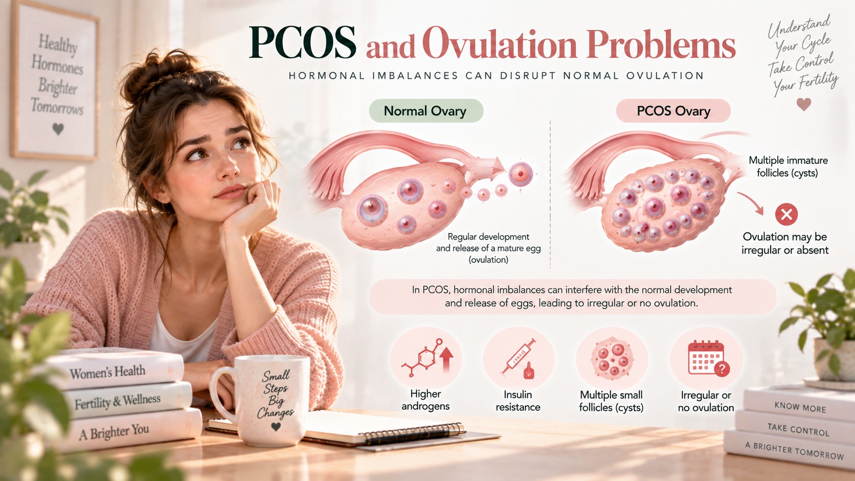 Diagram comparing a normal ovary releasing an egg with a PCOS ovary where ovulation may be irregular or absent