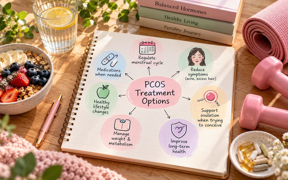 PCOS treatment options mind map: lifestyle changes, regulating the cycle, reducing symptoms, managing weight, supporting ovulation and long-term health