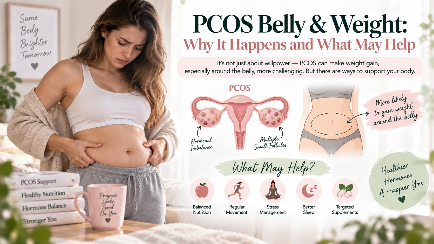Infographic: PCOS Belly & Weight - why it happens and what may help, with illustrations of hormonal imbalance and abdominal weight gain