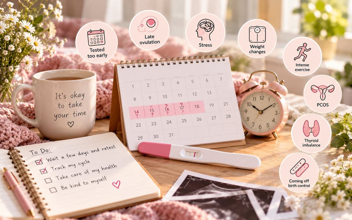 Common reasons for a late period when not pregnant: testing too early, late ovulation, stress, weight changes, exercise, PCOS, thyroid and coming off birth control