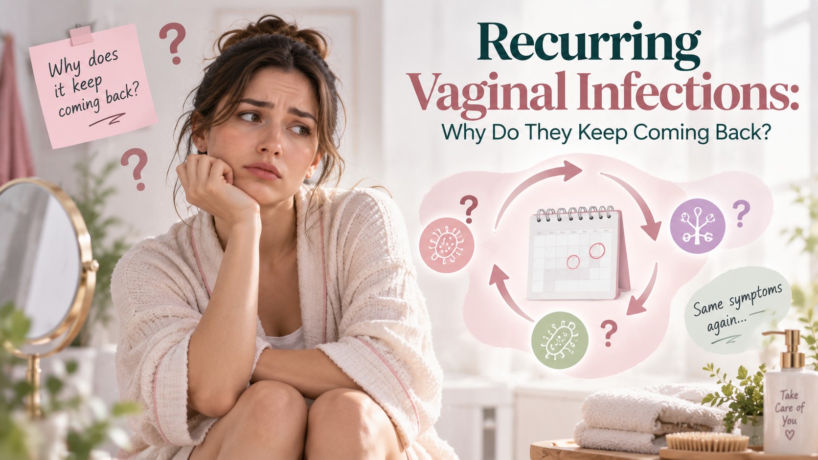 Infographic: Recurring Vaginal Infections - why they keep coming back, illustrating the cycle of recurring symptoms
