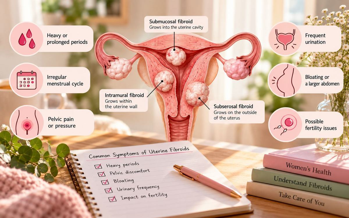 Types of uterine fibroids (submucosal, intramural, subserosal) and common symptoms such as heavy periods, pelvic pressure and frequent urination
