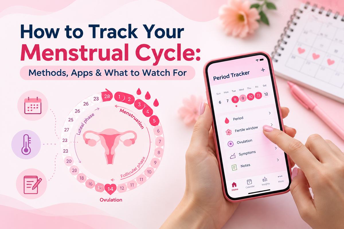 Woman checking a period tracker app next to a cycle wheel showing menstruation, the follicular phase, ovulation and the luteal phase