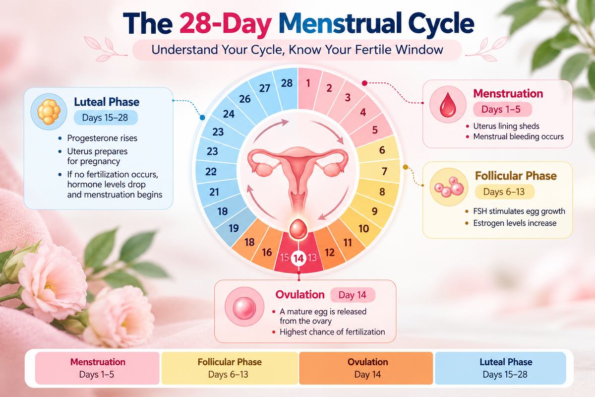 The 28-day menstrual cycle: menstruation on days 1 to 5, follicular phase on days 6 to 13, ovulation around day 14 and luteal phase on days 15 to 28
