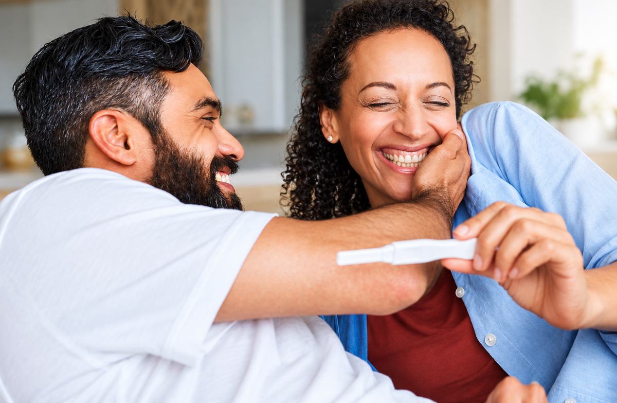 Happy couple smiling together while looking at a pregnancy test