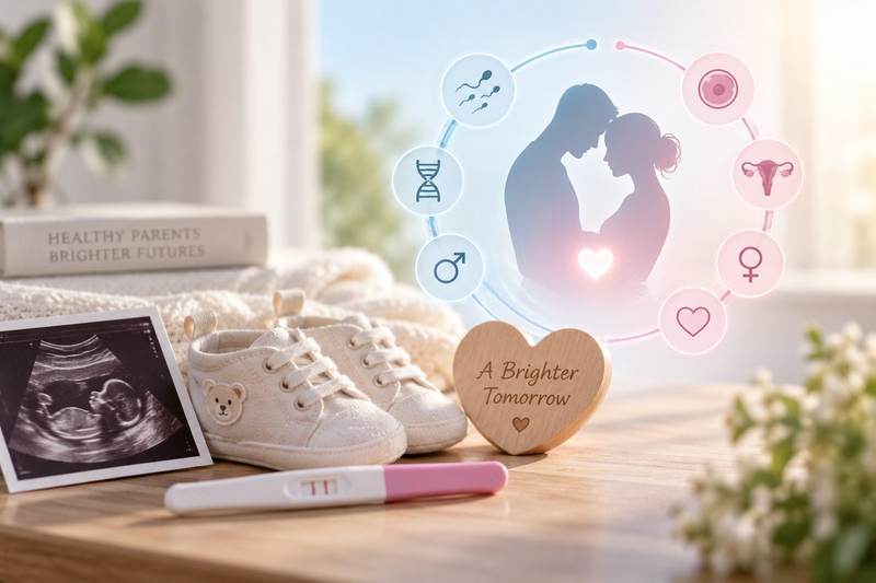 Couple embracing with a baby ultrasound photo and shoes, symbolizing hope on the fertility journey
