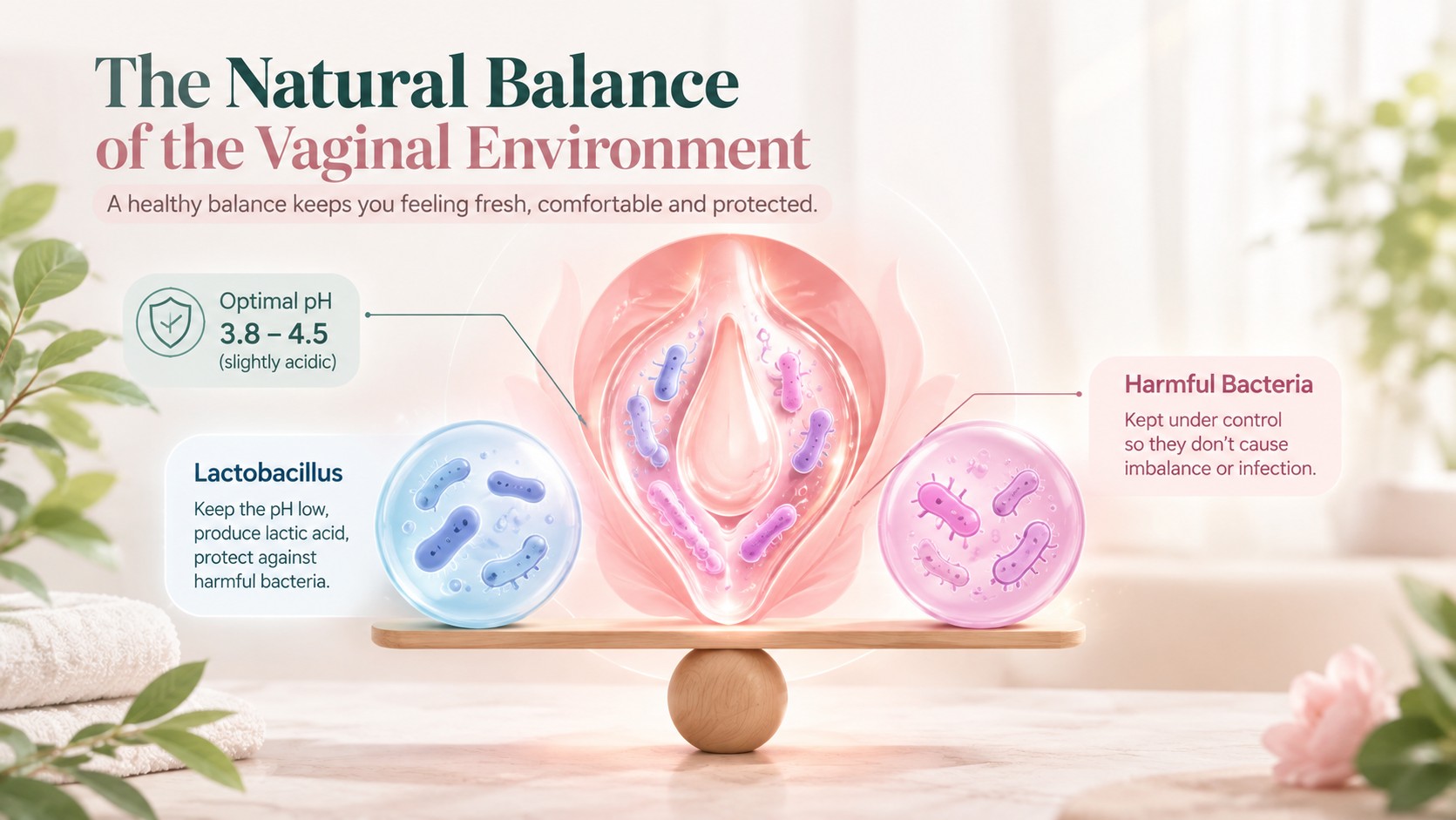 Infographic showing the natural balance of the vaginal environment, including optimal pH and protective lactobacillus bacteria
