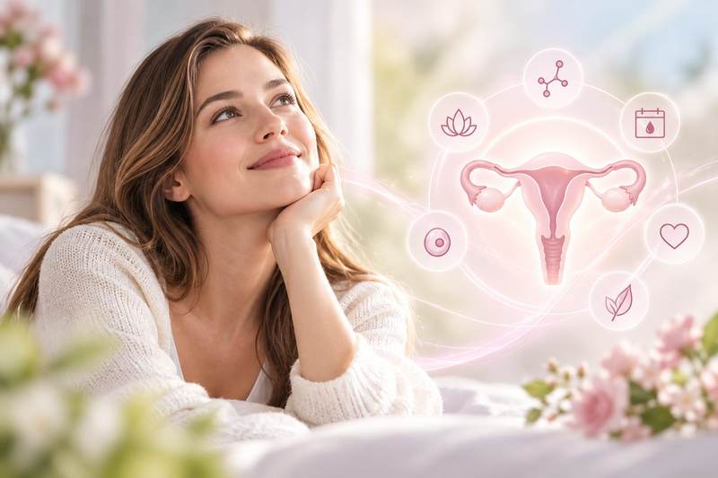 Woman looking hopeful, surrounded by icons representing reproductive health