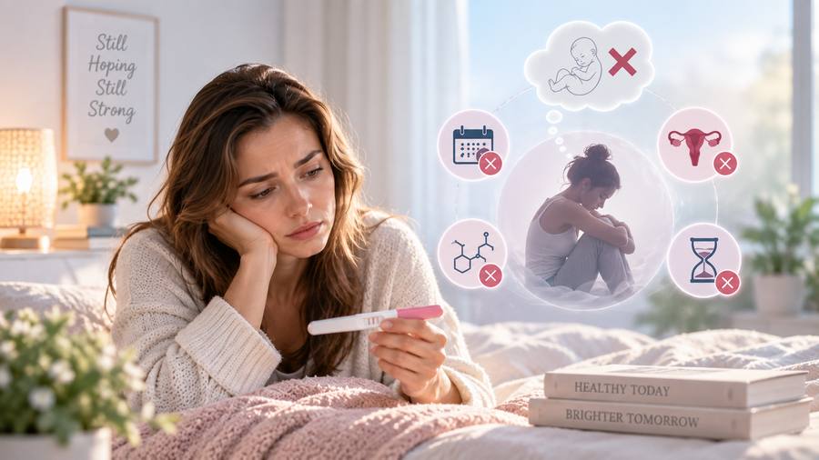 Woman looking hopeful, surrounded by icons representing reproductive health