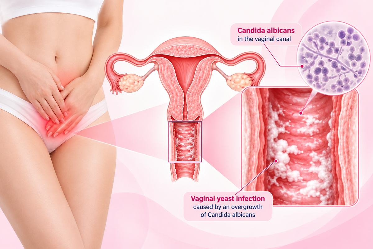 Illustration of a vaginal yeast infection caused by an overgrowth of Candida albicans