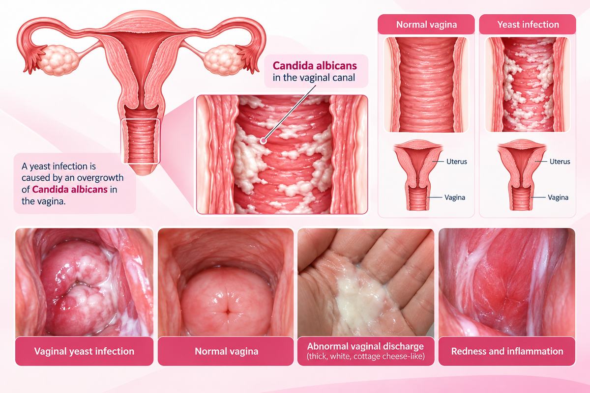 Vaginal yeast infection compared with a healthy vagina, showing thick white discharge, redness and inflammation