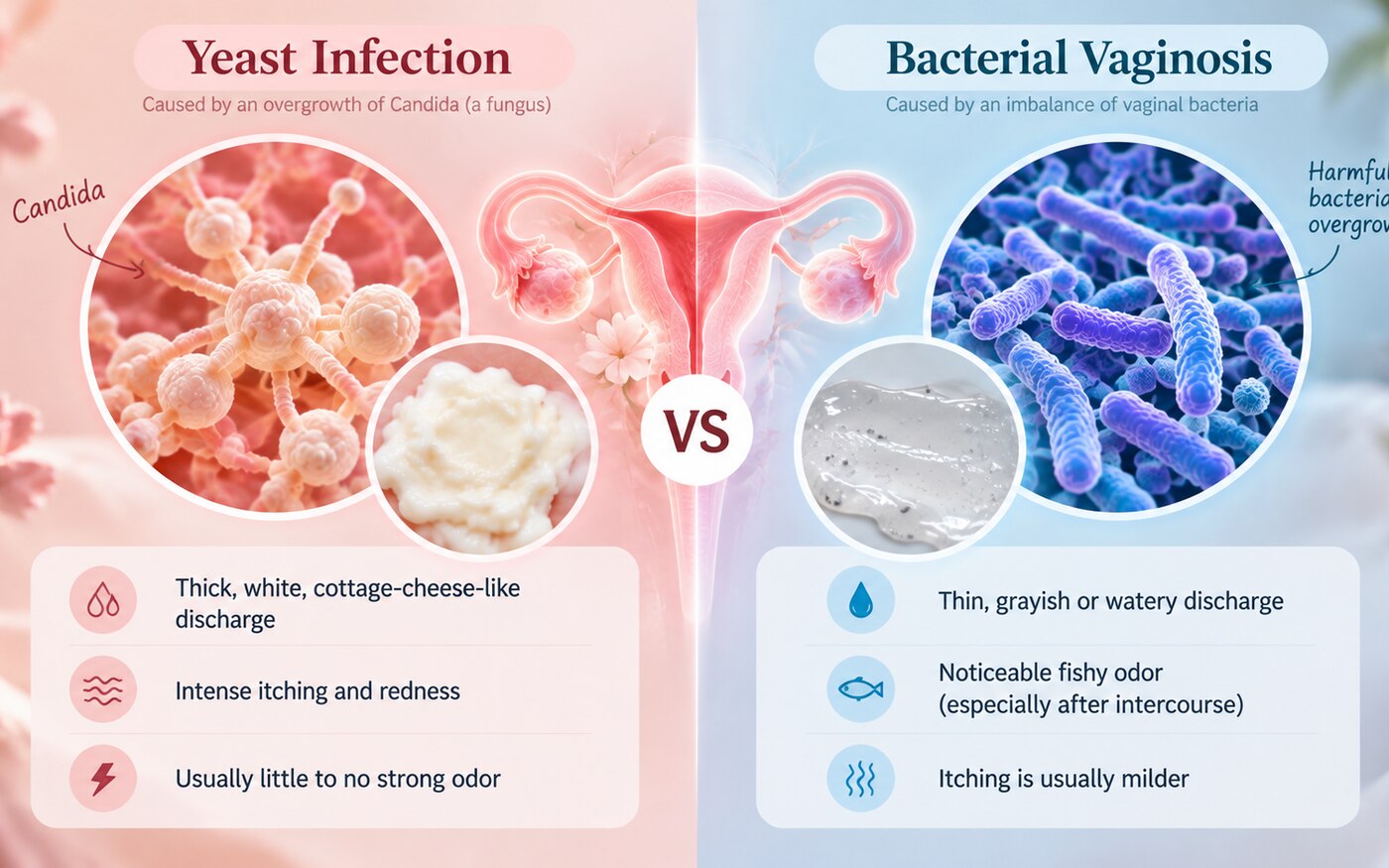 Yeast Infection vs. Bacterial Vaginosis: How to Tell the Difference infographic